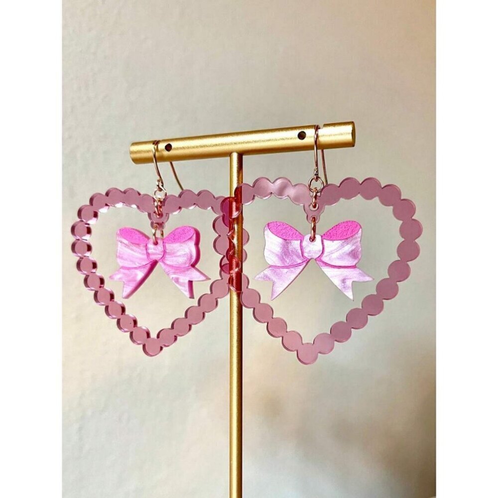 2pcs Romantic Lovely Acrylic & Metal Multi-Color Heart & Bowknot Hollow Earrings